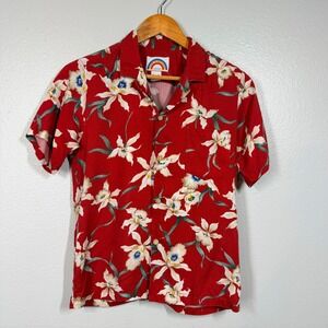 Made In Paradise Shirt Women Small Red Floral Hawaiian Aloha Button Up Short Slv